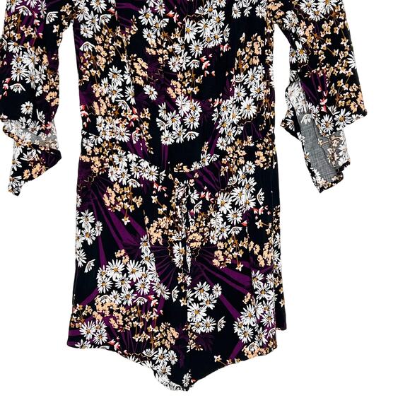 EXPRESS Floral Off-Shoulder Romper Flutter Sleeve Drawstring Black Purple Size S - Picture 2 of 6